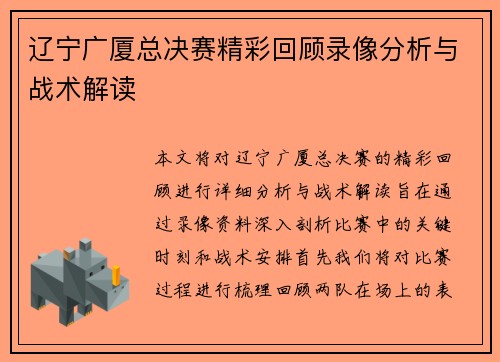 辽宁广厦总决赛精彩回顾录像分析与战术解读